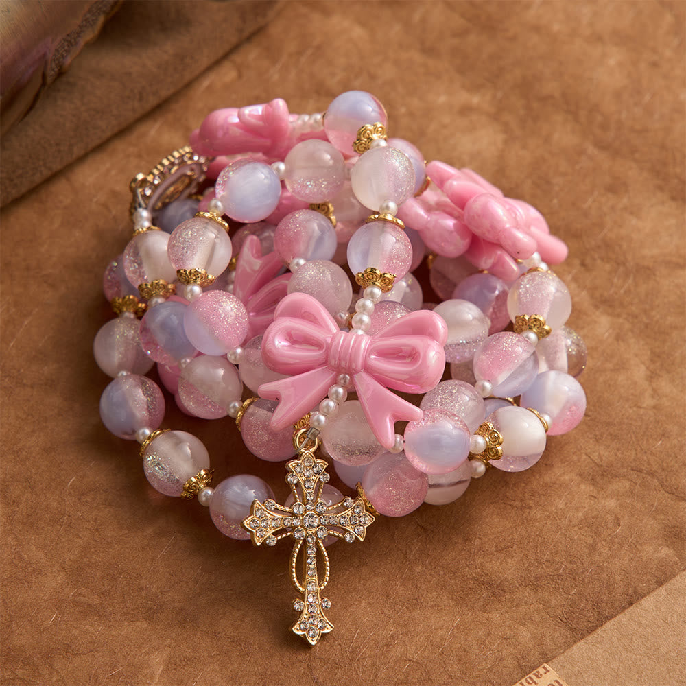 Christianartworkshop Pastel Glitter Bead Bow Rosary With Jeweled Cross: Emblem of Sweet Heavenly Grace - image 4