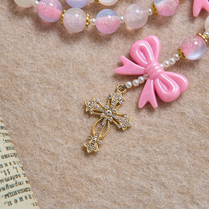 Christianartworkshop Pastel Glitter Bead Bow Rosary With Jeweled Cross: Emblem of Sweet Heavenly Grace - image 7