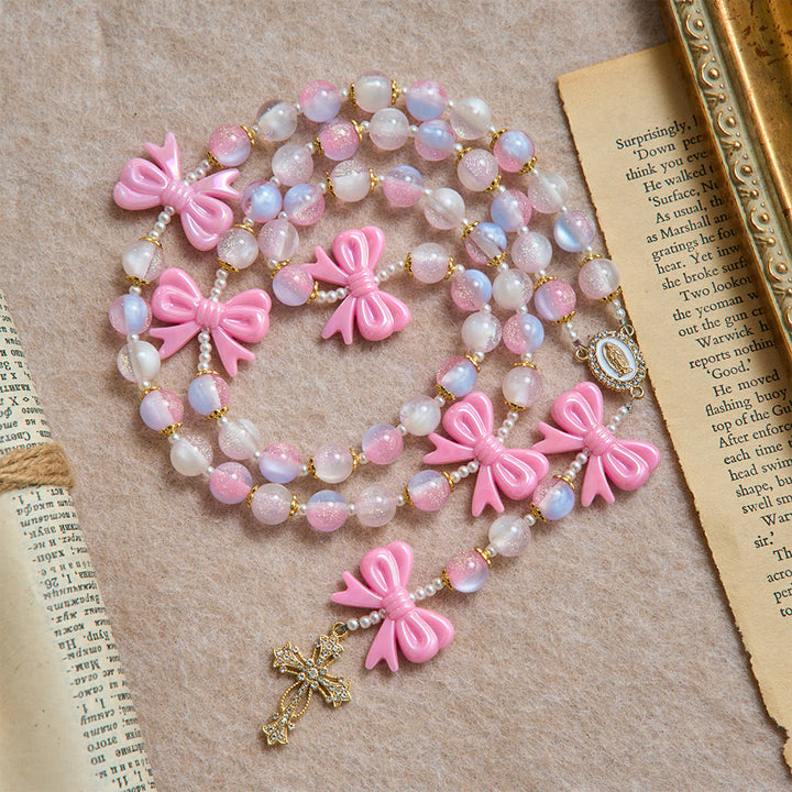 Christianartworkshop Pastel Glitter Bead Bow Rosary With Jeweled Cross: Emblem of Sweet Heavenly Grace - image 2