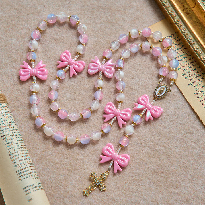 Christianartworkshop Pastel Glitter Bead Bow Rosary With Jeweled Cross: Emblem of Sweet Heavenly Grace - image 3