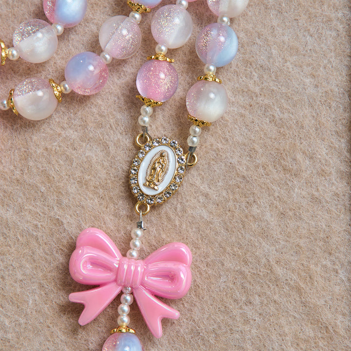 Christianartworkshop Pastel Glitter Bead Bow Rosary With Jeweled Cross: Emblem of Sweet Heavenly Grace - image 6