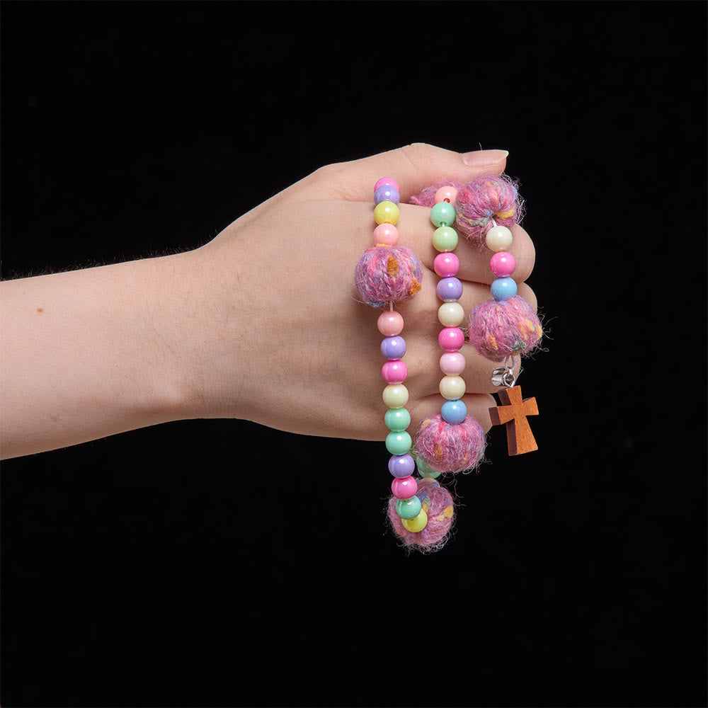 Christianartworkshop Fluffy Pom-Pom Macaron Bead Kids Rosary With Wooden Cross: Emblem of Innocent Heavenly Kindness - image 1