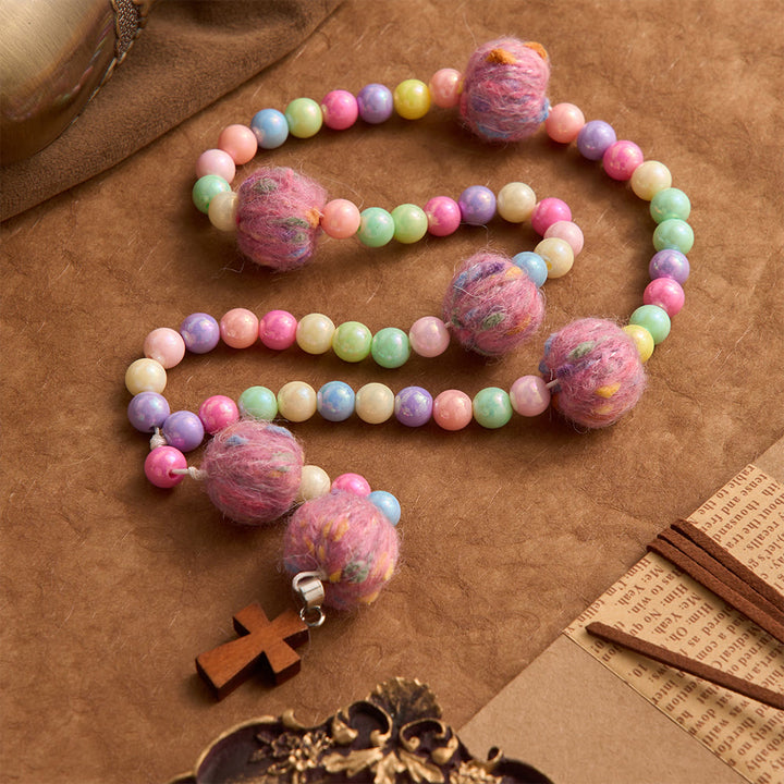 Christianartworkshop Fluffy Pom-Pom Macaron Bead Kids Rosary With Wooden Cross: Emblem of Innocent Heavenly Kindness - image 2