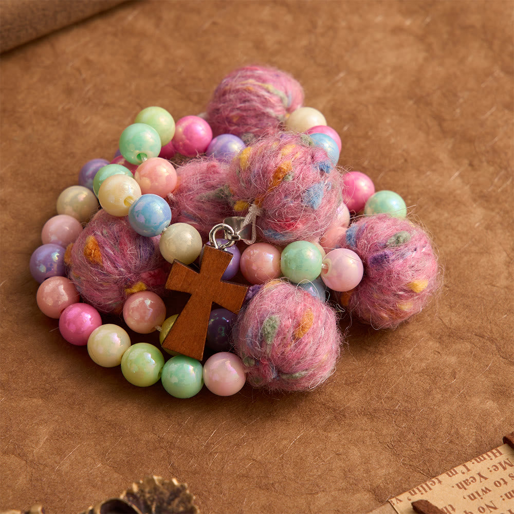 Christianartworkshop Fluffy Pom-Pom Macaron Bead Kids Rosary With Wooden Cross: Emblem of Innocent Heavenly Kindness - image 3