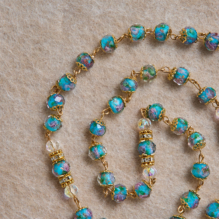 Christianartworkshop Blue Floral Glass Rosary With Rose Gilded Crucifix & Our Lady of Guadalupe Medallion - image 6