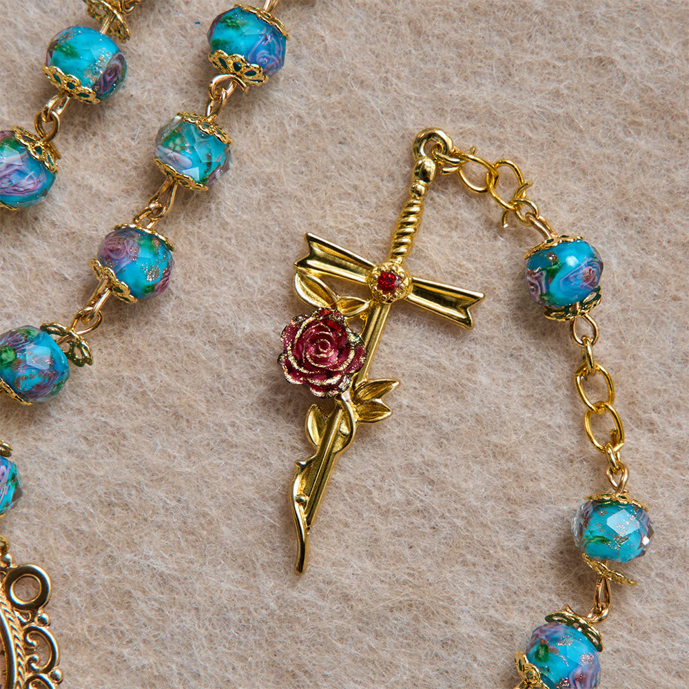Christianartworkshop Blue Floral Glass Rosary With Rose Gilded Crucifix & Our Lady of Guadalupe Medallion - image 8