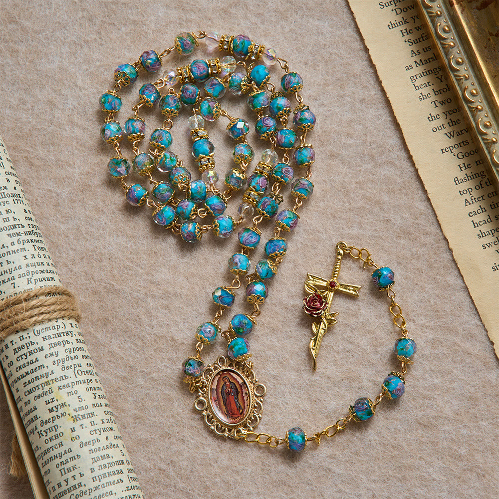 Christianartworkshop Blue Floral Glass Rosary With Rose Gilded Crucifix & Our Lady of Guadalupe Medallion - image 5