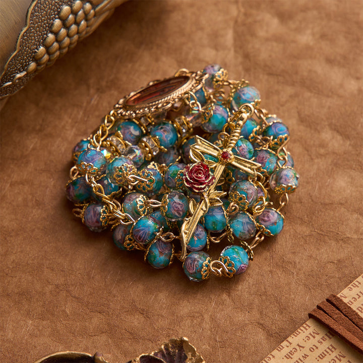 Christianartworkshop Blue Floral Glass Rosary With Rose Gilded Crucifix & Our Lady of Guadalupe Medallion - Blue Floral Rosary - image 0