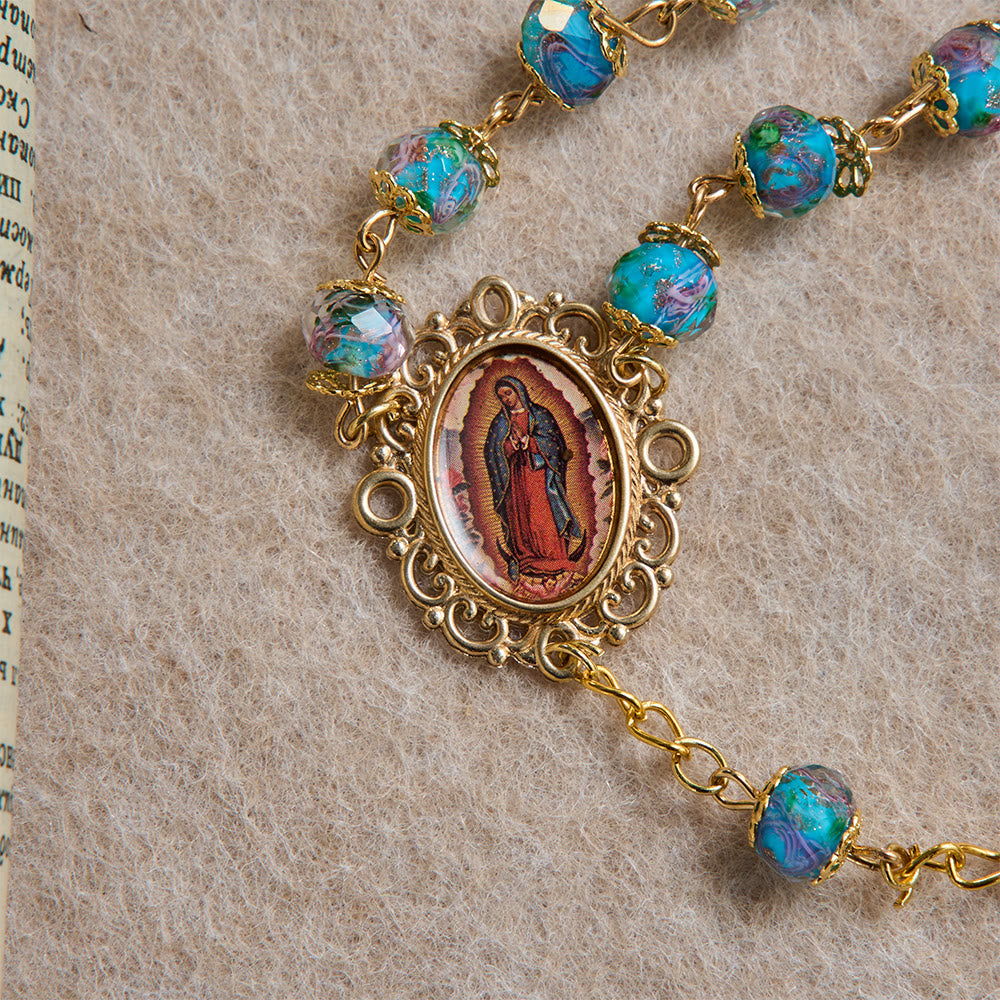 Christianartworkshop Blue Floral Glass Rosary With Rose Gilded Crucifix & Our Lady of Guadalupe Medallion - image 7