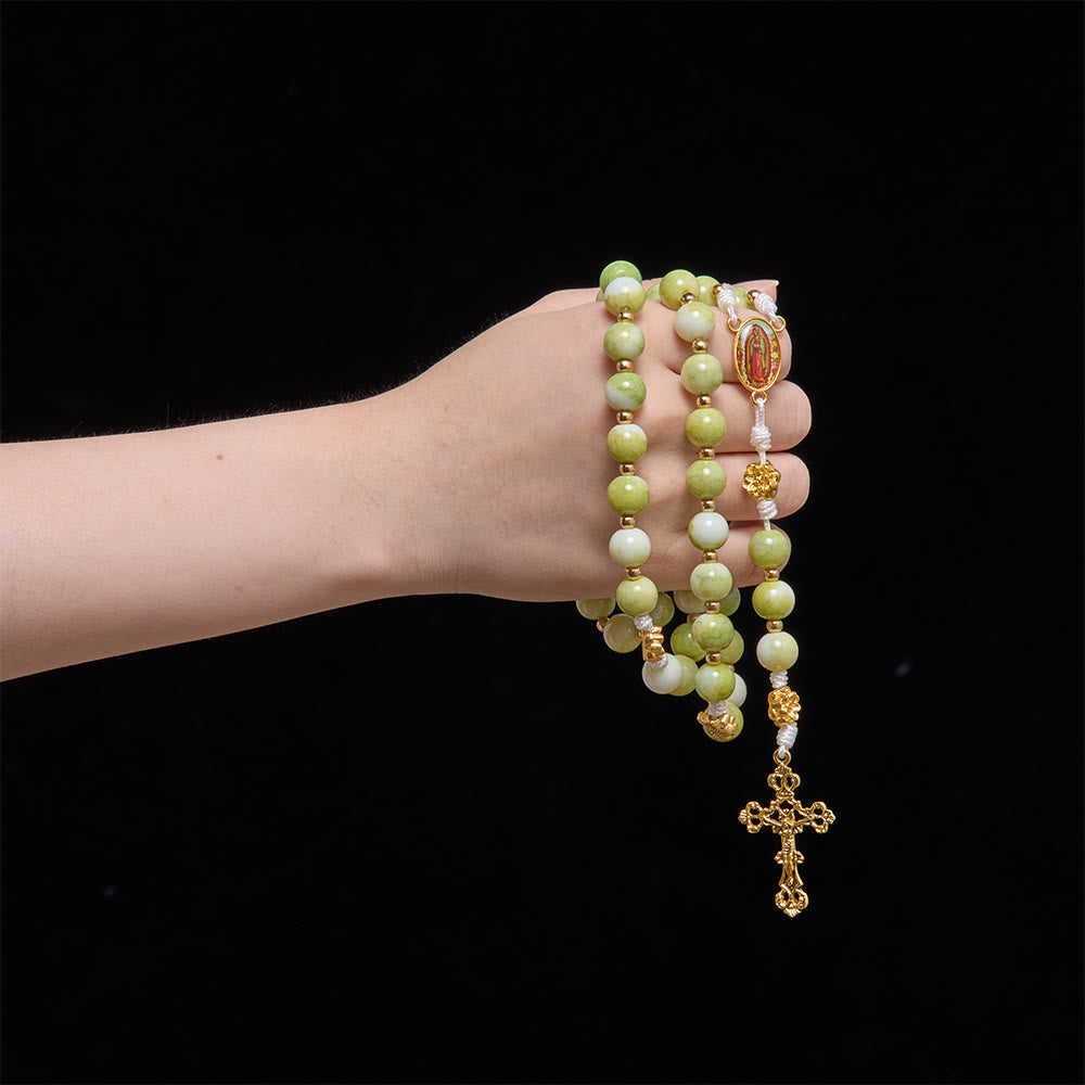 Christianartworkshop Fresh Lotus Spacer Jade-Toned Rosary With Ornate Carved Crucifix: Emblem of Pure Heavenly Serenity - image 1