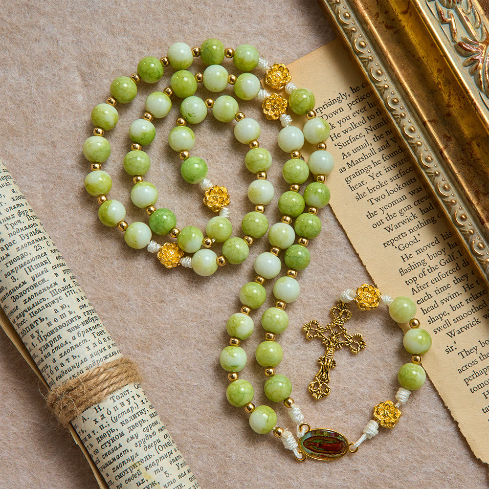 Christianartworkshop Fresh Lotus Spacer Jade-Toned Rosary With Ornate Carved Crucifix: Emblem of Pure Heavenly Serenity - Green Beads Lotus Rosary - image 0