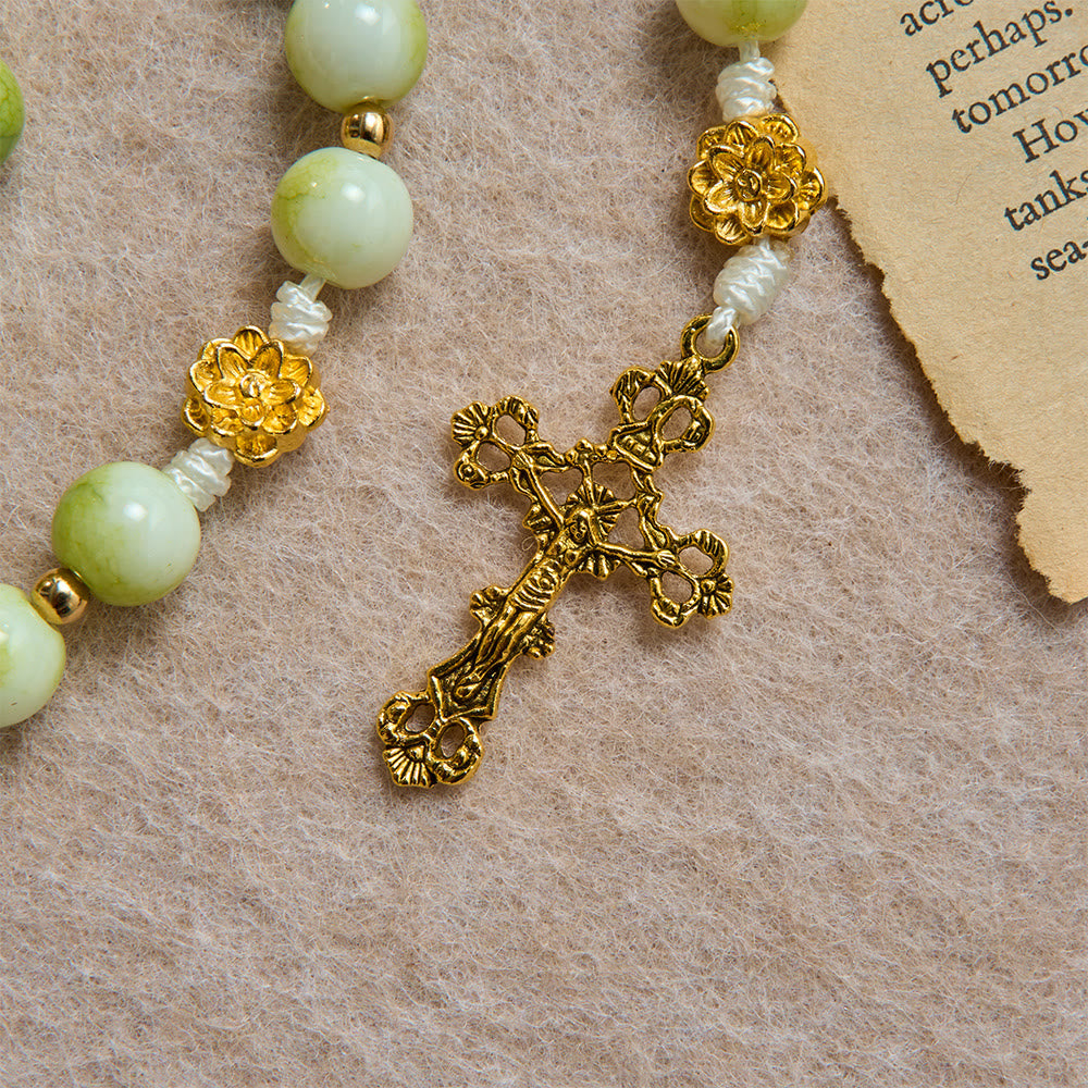 Christianartworkshop Fresh Lotus Spacer Jade-Toned Rosary With Ornate Carved Crucifix: Emblem of Pure Heavenly Serenity - image 7