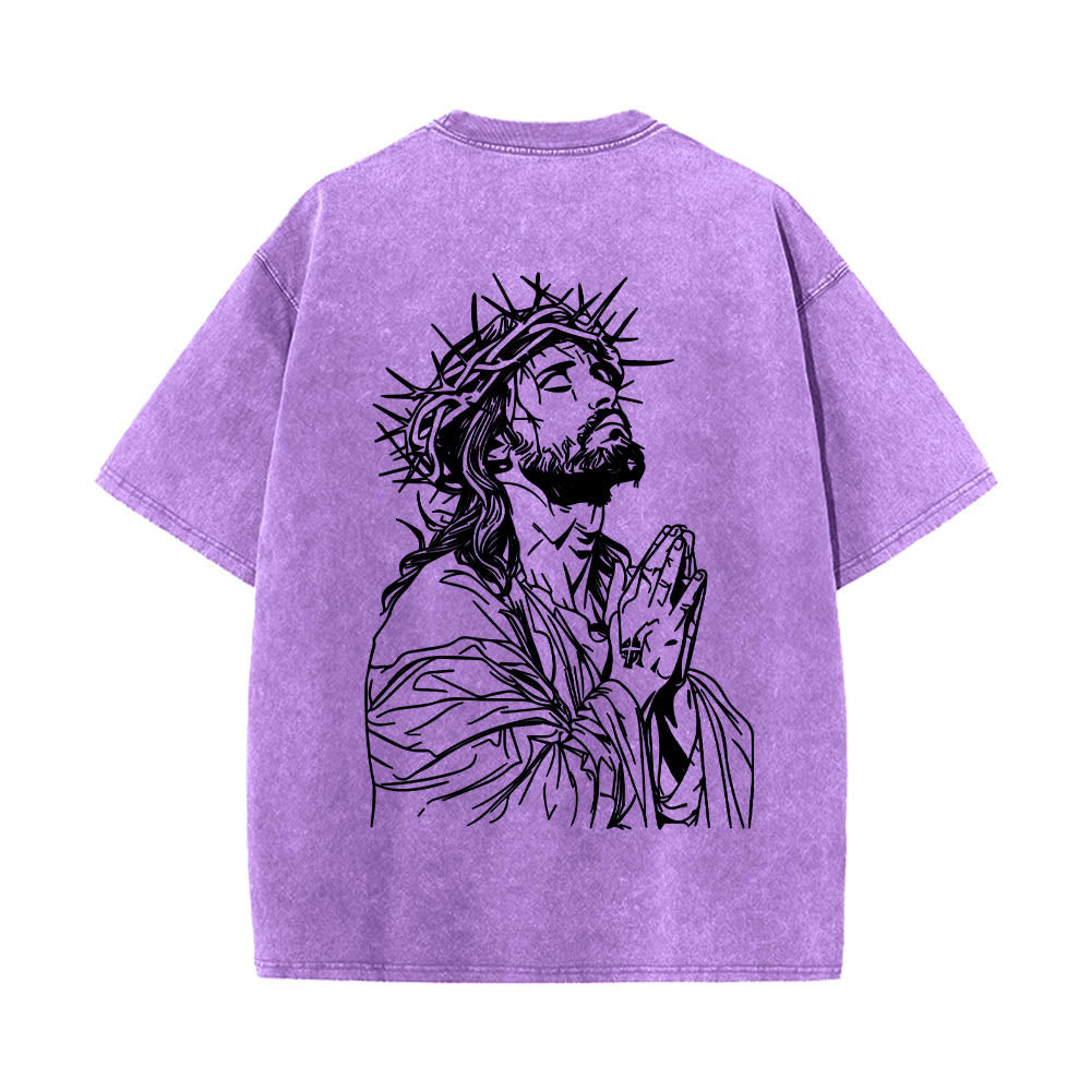 Christianartworkshop Front Cursive Slogan Rosary Cross Chain Back Thorn Crown Praying Jesus Line Washed T‑Shirt - image 20