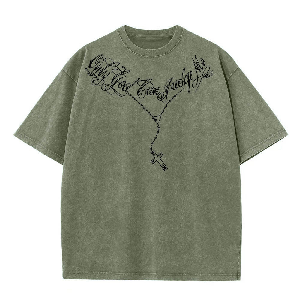 Christianartworkshop Front Cursive Slogan Rosary Cross Chain Back Thorn Crown Praying Jesus Line Washed T‑Shirt - image 25