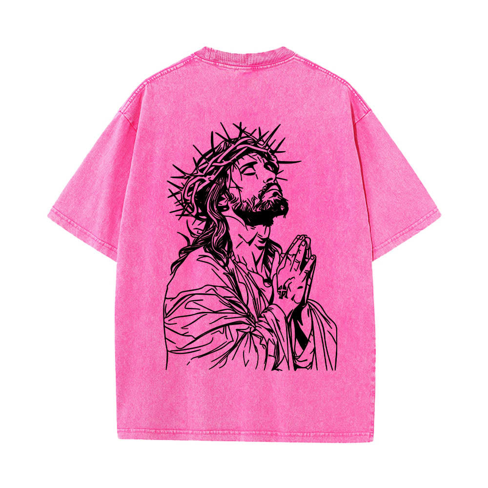 Christianartworkshop Front Cursive Slogan Rosary Cross Chain Back Thorn Crown Praying Jesus Line Washed T‑Shirt - image 23