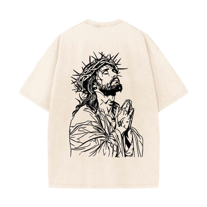 Christianartworkshop Front Cursive Slogan Rosary Cross Chain Back Thorn Crown Praying Jesus Line Washed T‑Shirt - image 5