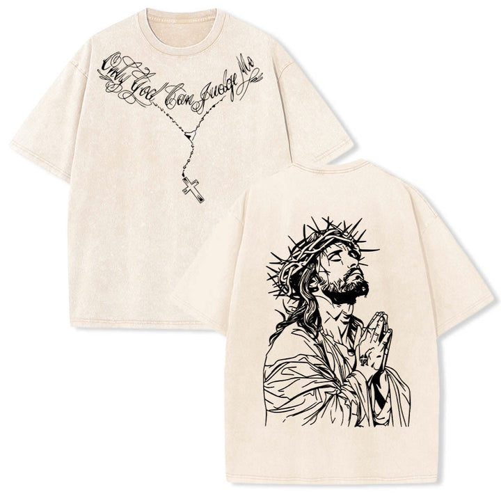 Christianartworkshop Front Cursive Slogan Rosary Cross Chain Back Thorn Crown Praying Jesus Line Washed T‑Shirt - Beige - 5XL - image 3