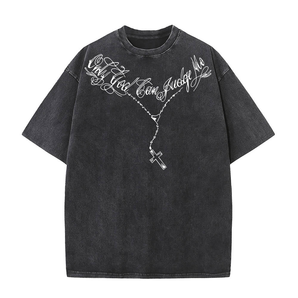 Christianartworkshop Front Cursive Slogan Rosary Cross Chain Back Thorn Crown Praying Jesus Line Washed T‑Shirt - image 1