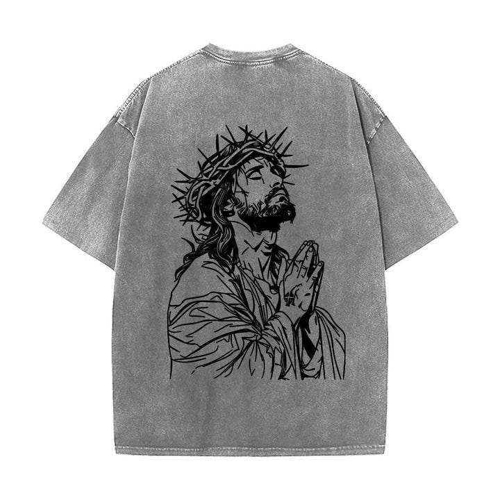 Christianartworkshop Front Cursive Slogan Rosary Cross Chain Back Thorn Crown Praying Jesus Line Washed T‑Shirt - image 11