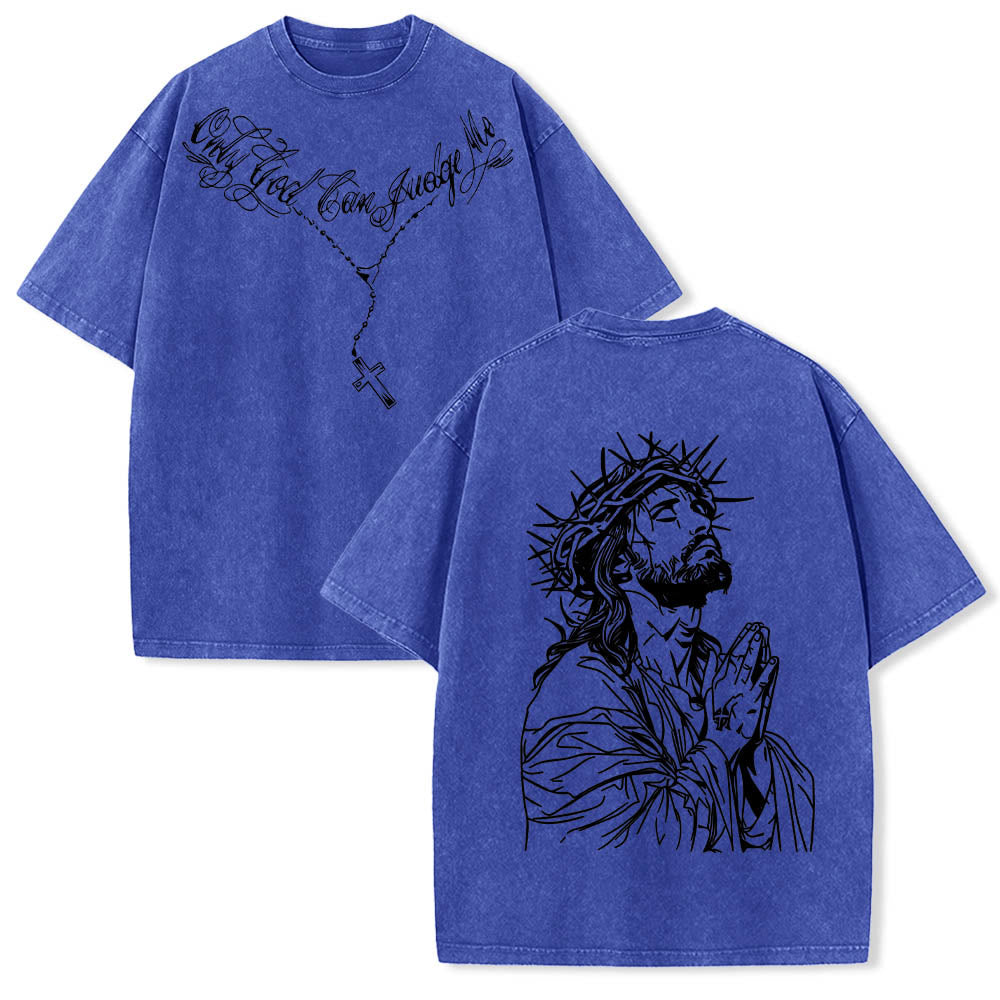 Christianartworkshop Front Cursive Slogan Rosary Cross Chain Back Thorn Crown Praying Jesus Line Washed T‑Shirt - Blue - 5XL - image 12