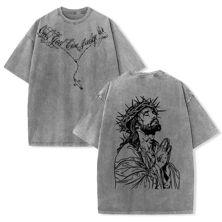 Christianartworkshop Front Cursive Slogan Rosary Cross Chain Back Thorn Crown Praying Jesus Line Washed T‑Shirt - Grey - 5XL - image 9