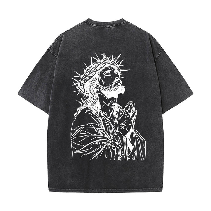 Christianartworkshop Front Cursive Slogan Rosary Cross Chain Back Thorn Crown Praying Jesus Line Washed T‑Shirt - image 2