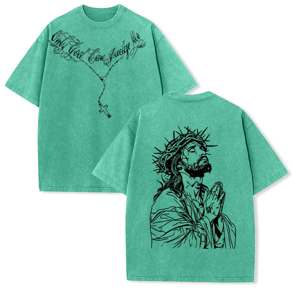 Christianartworkshop Front Cursive Slogan Rosary Cross Chain Back Thorn Crown Praying Jesus Line Washed T‑Shirt - Green - 5XL - image 15