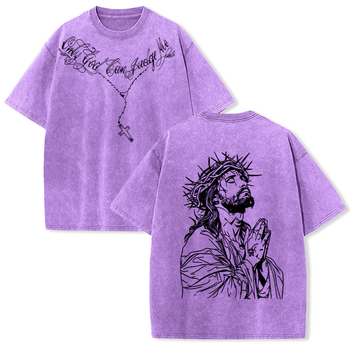 Christianartworkshop Front Cursive Slogan Rosary Cross Chain Back Thorn Crown Praying Jesus Line Washed T‑Shirt - Purple - 5XL - image 18