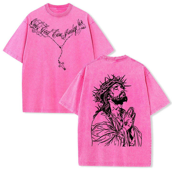 Christianartworkshop Front Cursive Slogan Rosary Cross Chain Back Thorn Crown Praying Jesus Line Washed T‑Shirt - Pink - 5XL - image 21