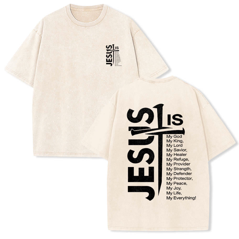 Christianartworkshop Front Mini Emblem Back Large Jesus Cross Attribute List Dual-Side Print Washed T‑Shirt - Beige - 5XL - image 3