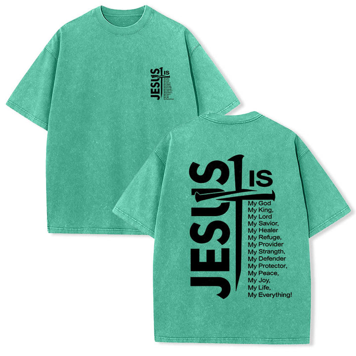 Christianartworkshop Front Mini Emblem Back Large Jesus Cross Attribute List Dual-Side Print Washed T‑Shirt - Green - 5XL - image 15