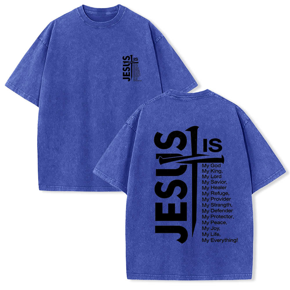 Christianartworkshop Front Mini Emblem Back Large Jesus Cross Attribute List Dual-Side Print Washed T‑Shirt - Blue - 5XL - image 12