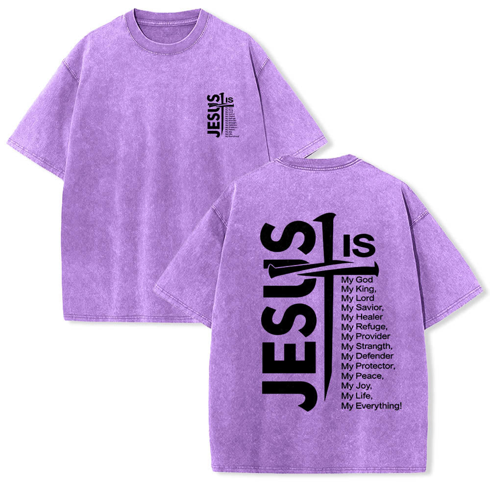 Christianartworkshop Front Mini Emblem Back Large Jesus Cross Attribute List Dual-Side Print Washed T‑Shirt - Purple - 5XL - image 18