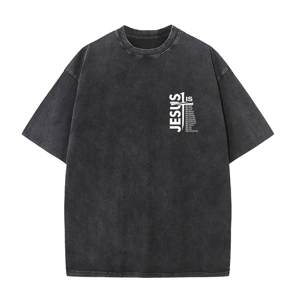 Christianartworkshop Front Mini Emblem Back Large Jesus Cross Attribute List Dual-Side Print Washed T‑Shirt - image 1