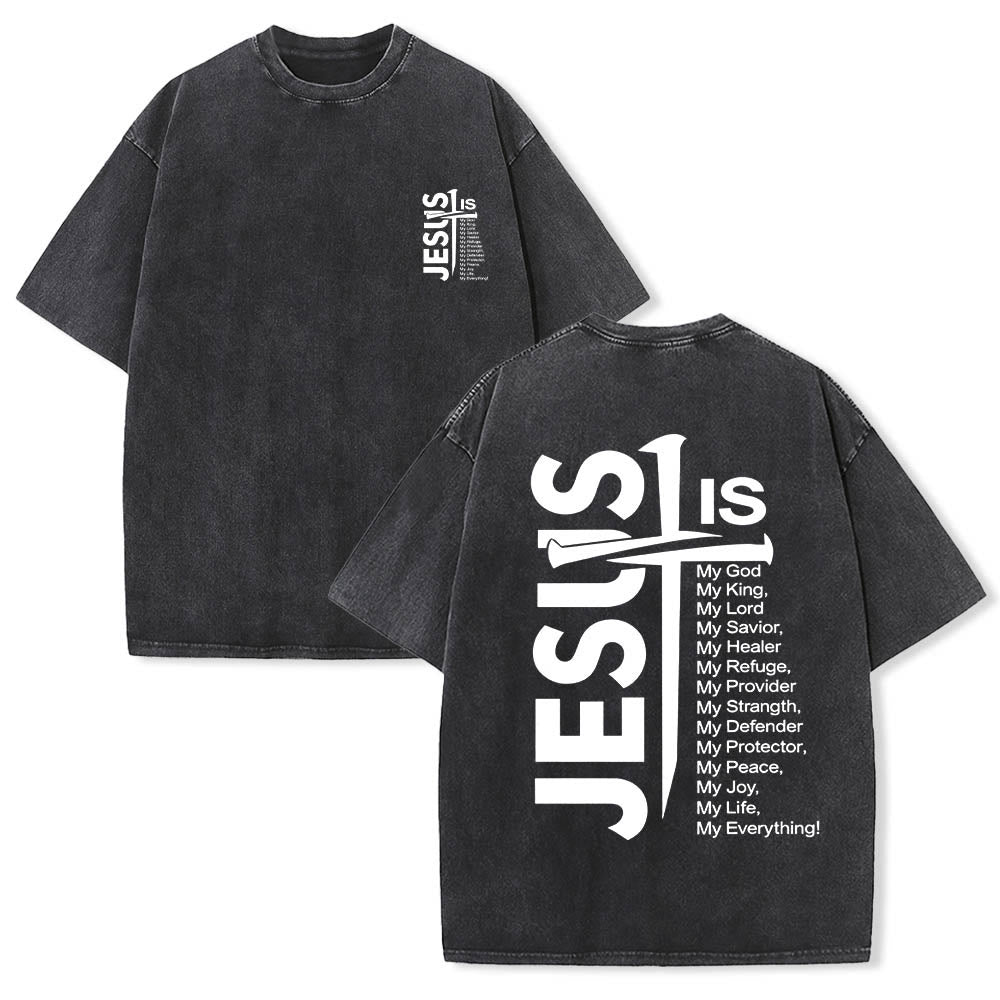 Christianartworkshop Front Mini Emblem Back Large Jesus Cross Attribute List Dual-Side Print Washed T‑Shirt - Black - 5XL - image 0