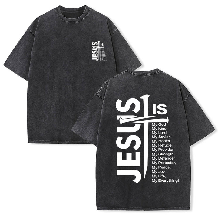 Christianartworkshop Front Mini Emblem Back Large Jesus Cross Attribute List Dual-Side Print Washed T‑Shirt - Black - 5XL - image 0
