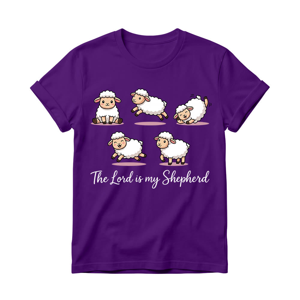 Christianartworkshop Timeless Psalm 23 Theme Cartoon Sheep Cursive Scripture Phrase Women’s Crewnecks T-shirt - Purple - 4XL - image 12