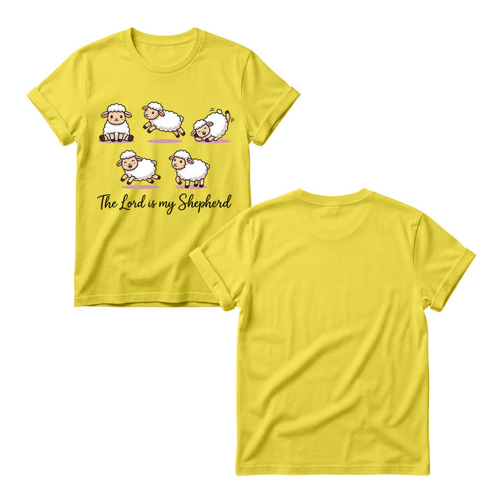 Christianartworkshop Timeless Psalm 23 Theme Cartoon Sheep Cursive Scripture Phrase Women’s Crewnecks T-shirt - image 5