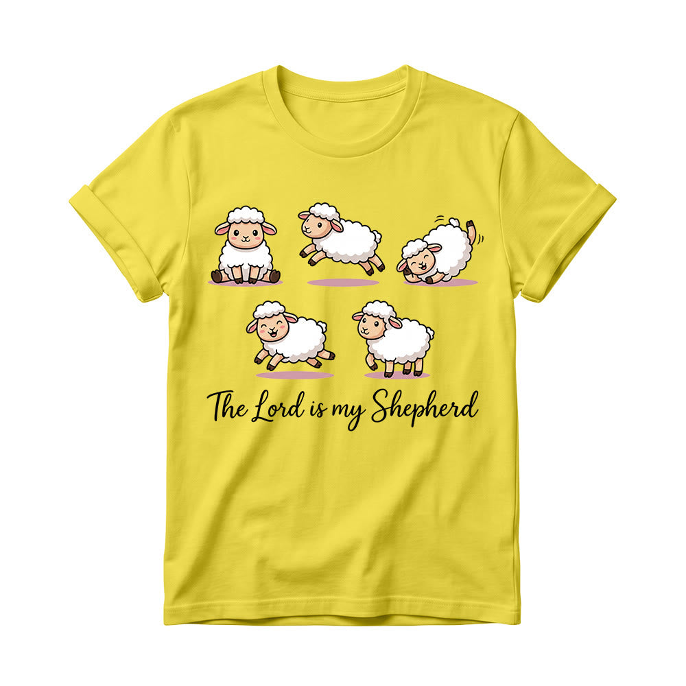Christianartworkshop Timeless Psalm 23 Theme Cartoon Sheep Cursive Scripture Phrase Women’s Crewnecks T-shirt - Yellow - 4XL - image 4