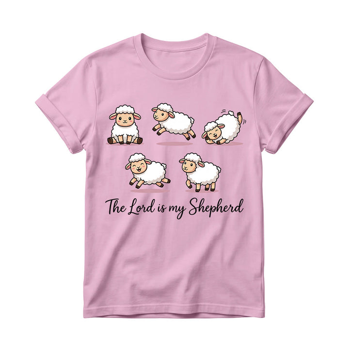 Christianartworkshop Timeless Psalm 23 Theme Cartoon Sheep Cursive Scripture Phrase Women’s Crewnecks T-shirt - Pink - 4XL - image 8