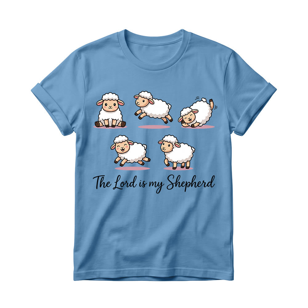 Christianartworkshop Timeless Psalm 23 Theme Cartoon Sheep Cursive Scripture Phrase Women’s Crewnecks T-shirt - Blue - 4XL - image 10