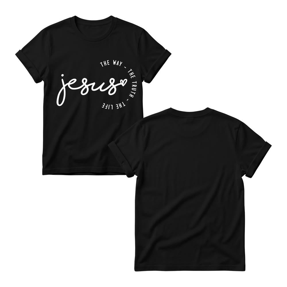 Christianartworkshop Handwritten Jesus Heart Accent Curved Arc The Way The Truth The Life Women’s Crewnecks T-shirt - image 1