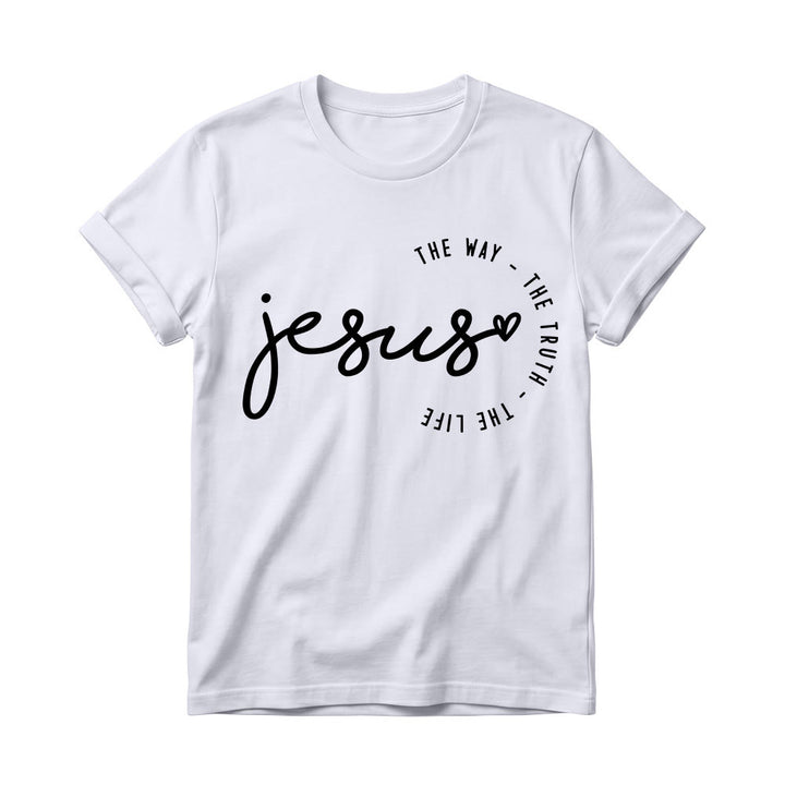 Christianartworkshop Handwritten Jesus Heart Accent Curved Arc The Way The Truth The Life Women’s Crewnecks T-shirt - White - 4XL - image 4