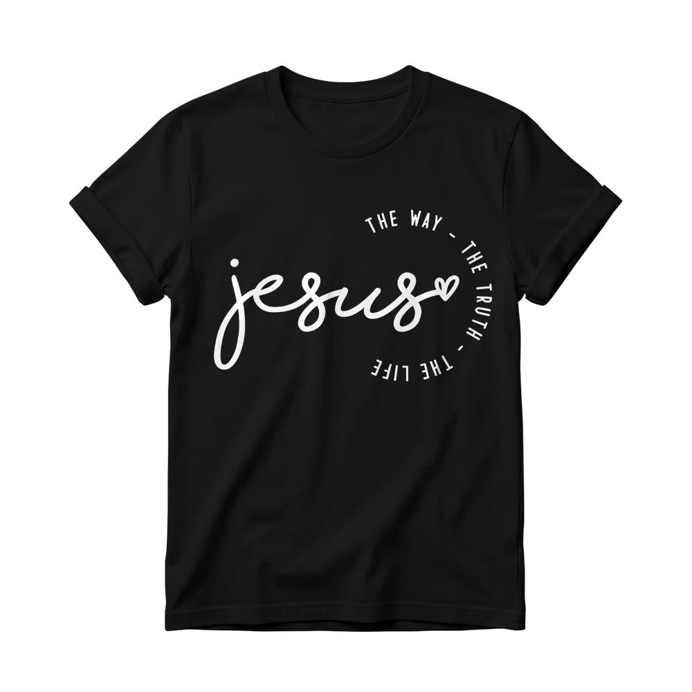 Christianartworkshop Handwritten Jesus Heart Accent Curved Arc The Way The Truth The Life Women’s Crewnecks T-shirt - Black - 4XL - image 0