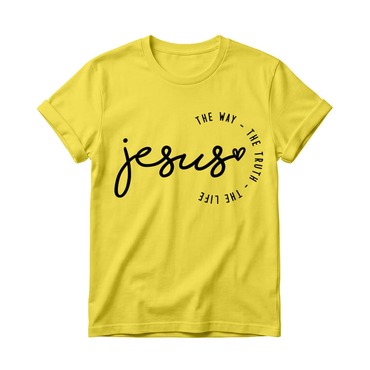 Christianartworkshop Handwritten Jesus Heart Accent Curved Arc The Way The Truth The Life Women’s Crewnecks T-shirt - Yellow - 4XL - image 6