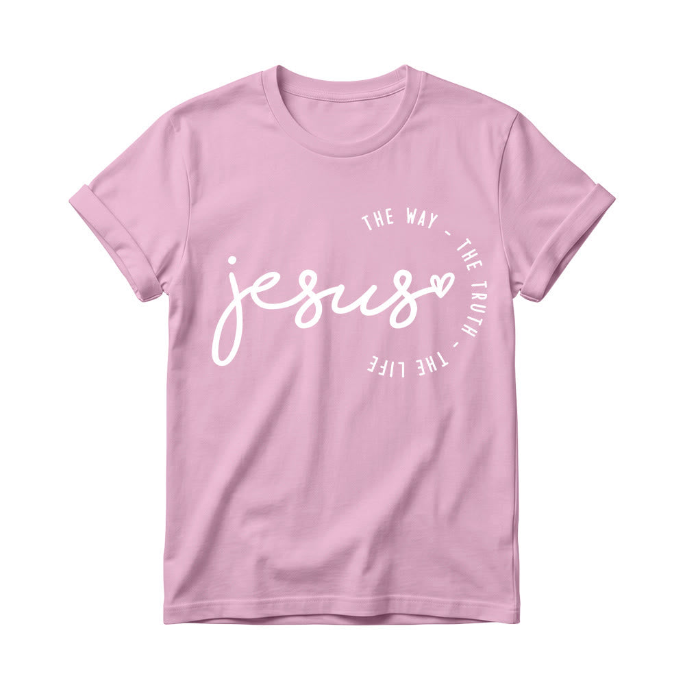 Christianartworkshop Handwritten Jesus Heart Accent Curved Arc The Way The Truth The Life Women’s Crewnecks T-shirt - Pink - 4XL - image 2