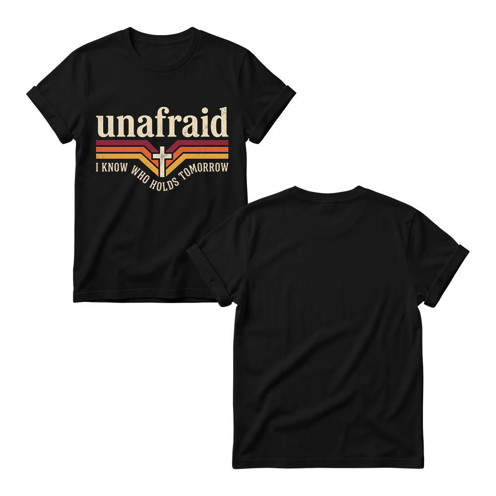 Christianartworkshop Retro Striped Cross Unafraid Curved Bottom Slogan Women’s Crewnecks T-shirt - image 3