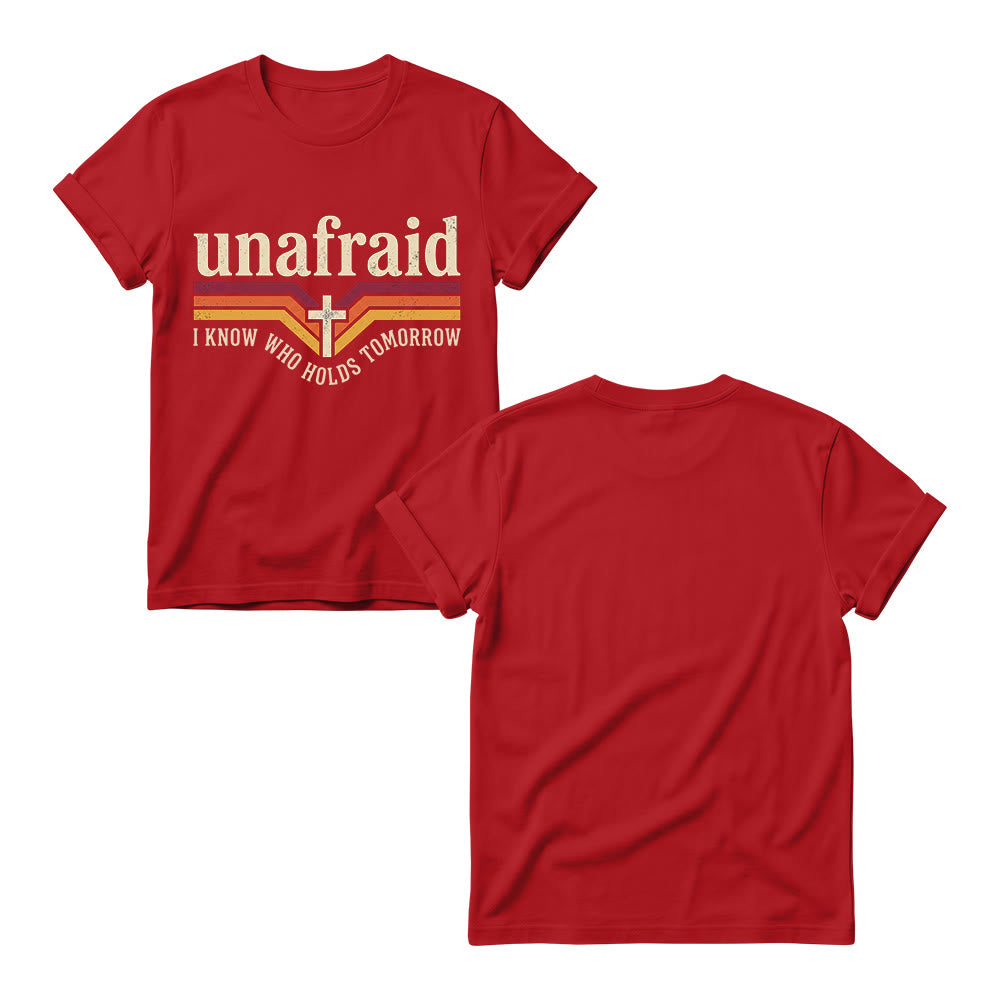 Christianartworkshop Retro Striped Cross Unafraid Curved Bottom Slogan Women’s Crewnecks T-shirt - image 15