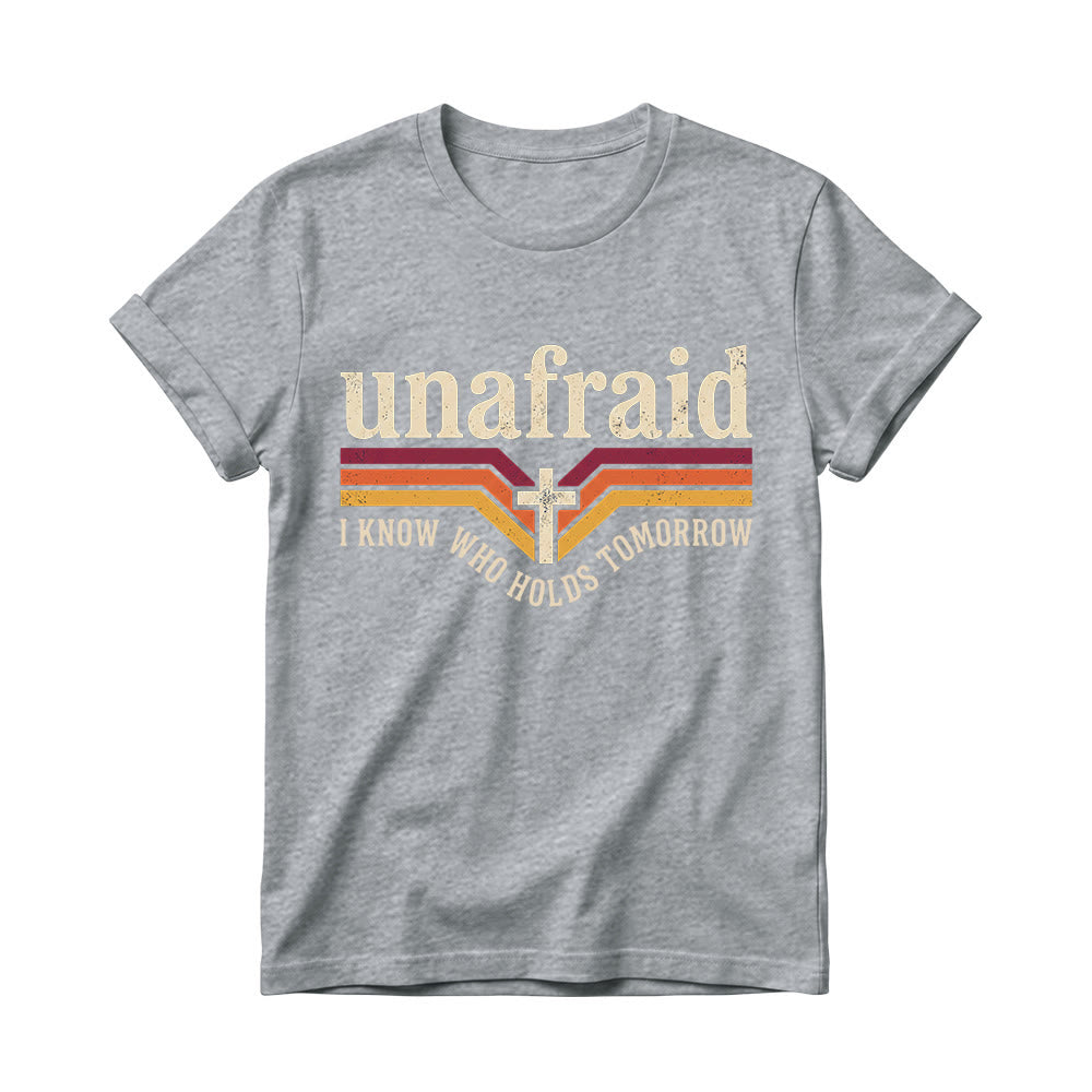 Christianartworkshop Retro Striped Cross Unafraid Curved Bottom Slogan Women’s Crewnecks T-shirt - Grey - 4XL - image 10