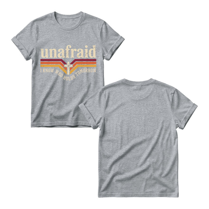 Christianartworkshop Retro Striped Cross Unafraid Curved Bottom Slogan Women’s Crewnecks T-shirt - image 11